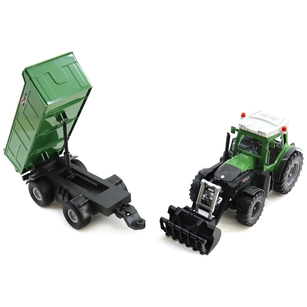 PENGBU RC Op afstand bestuurde tractor met aanhanger, 2,4 GHz tractor, op afstand bestuurd speelgoed, kindertractor, trekker met afstandsbediening, met voorlader, aanhanger, koe, schaap en hooibalen