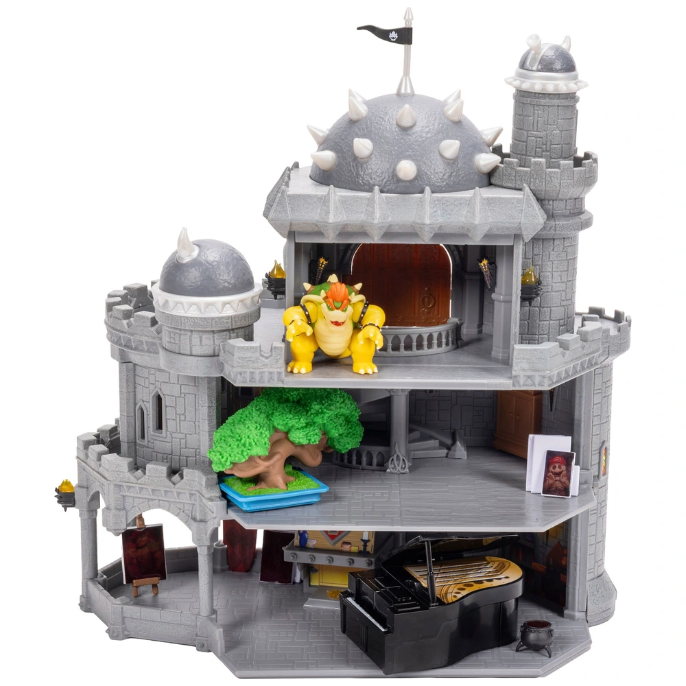 Film Super Mario Galaxy – Set de Jeu Château Deluxe de Bowser avec Figurine Bowser 4cm, Piano, bonsaï, peintures Thermo‑réactives et Plus Encore