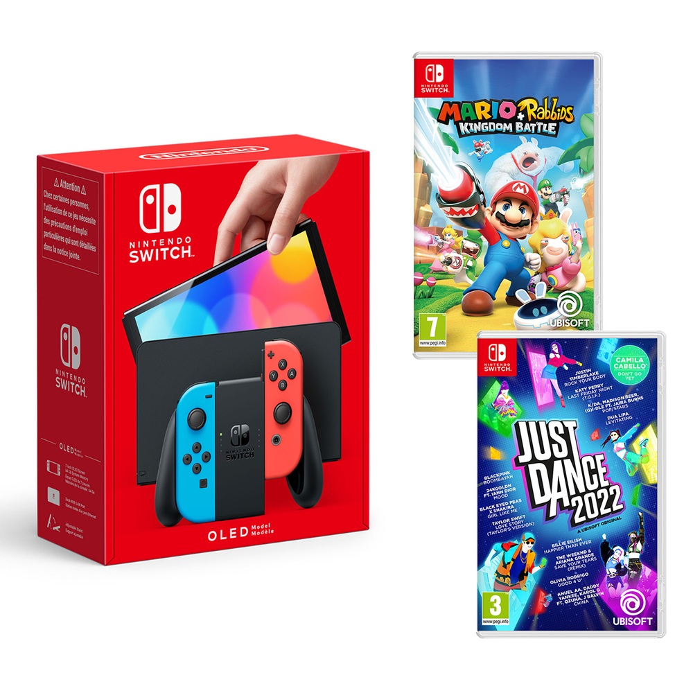 Nintendo Switch OLED Neon Console, Just Dance 2022 & Mario & Rabbids