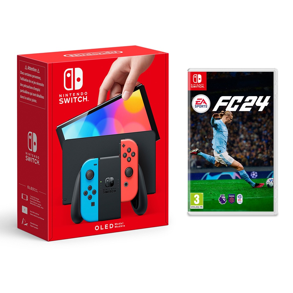 Nintendo Switch OLED Neon, EA Sports FC 24 & Controller Charging Base