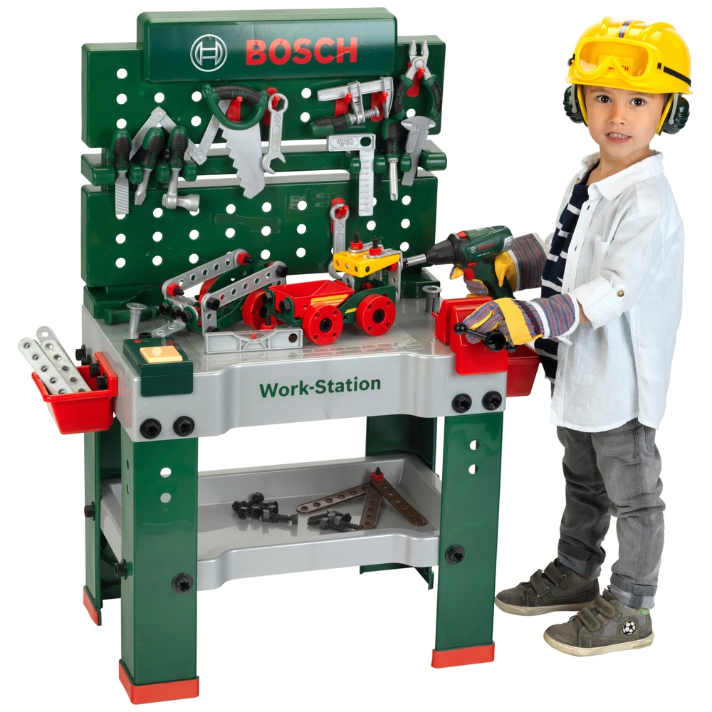 Theo Klein Bosch 8639 ワークベンチ 並行輸入 Theo Klein 8734 Bosch wooden workbench I Sturdy children\u0027s workbench,  adjustable height I Electric cordless drill, tools with light and sound  effects