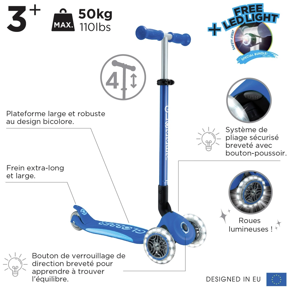 Trottinette pliable 3 roues GO-UP Plus Lights Bleu Clair de Globber, Trotteurs : Suisse